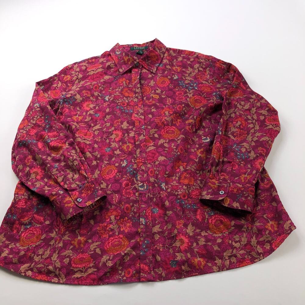 Lauren Ralph Lauren Lightweight Plus 2X Button Long Sleeve Shirt Floral Pink